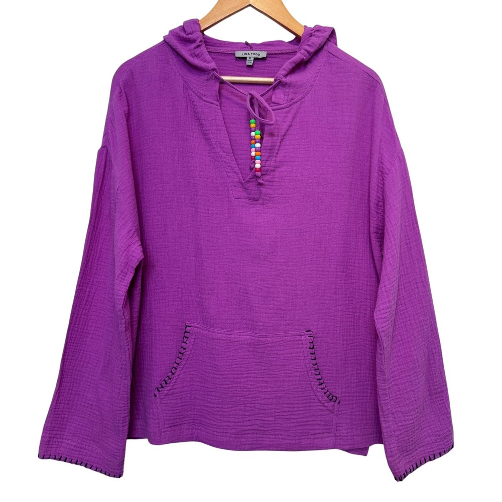 Lisa Todd Womens Hoodie XL Purple Cotton Double Gauze Beaded Boho Pullover Top